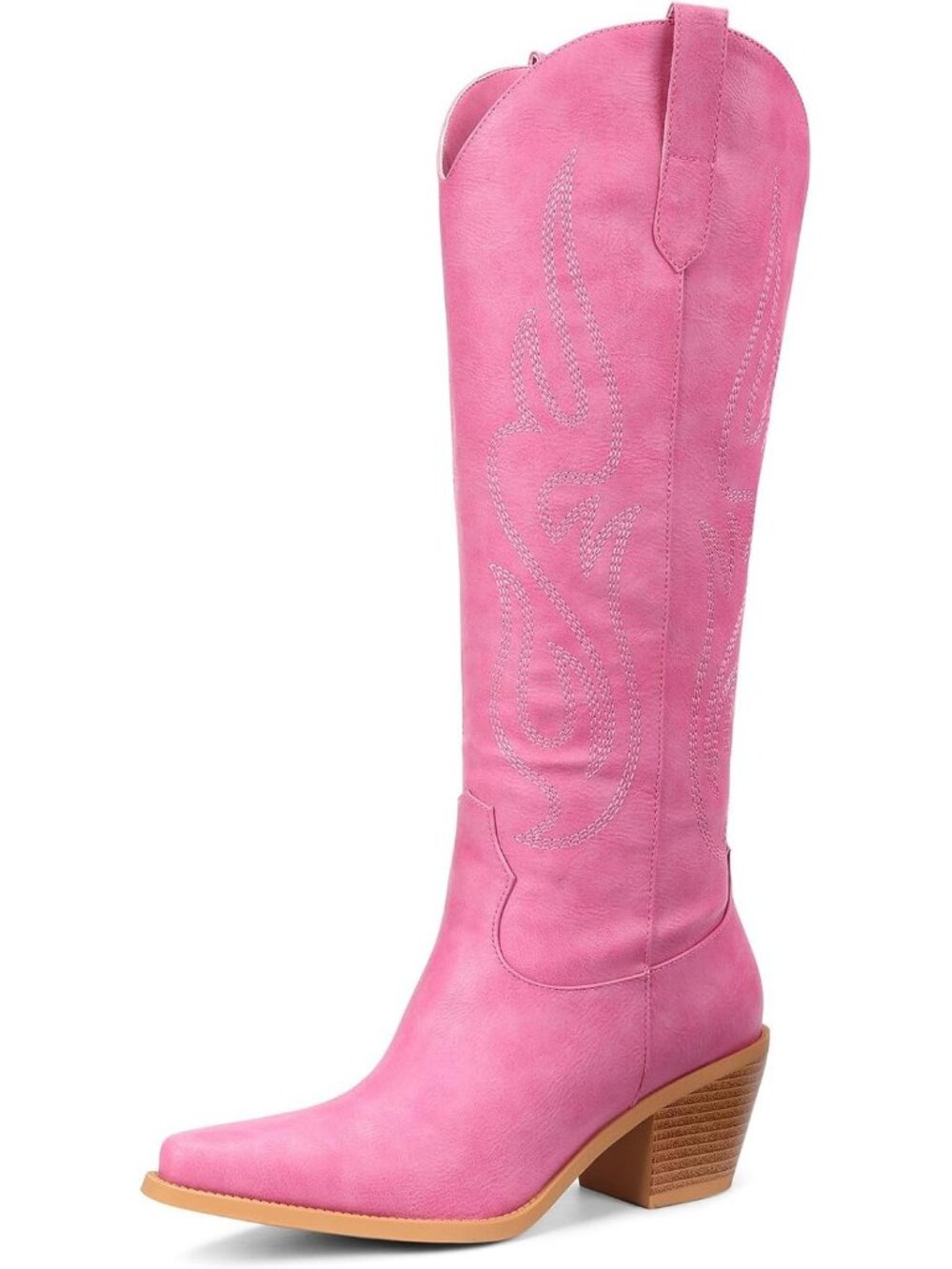 Women's Pink Pointed Toe Chunky Knee High Wide Calf Western Cowgirl Tall Boot